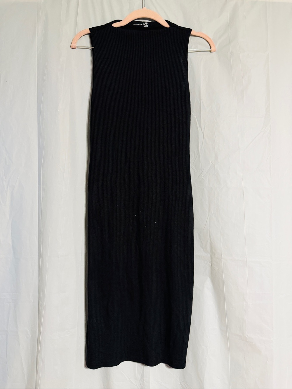 Popular21 Black Ribbed Sleeveless Midi Dress Size L Bodycon Minimalist